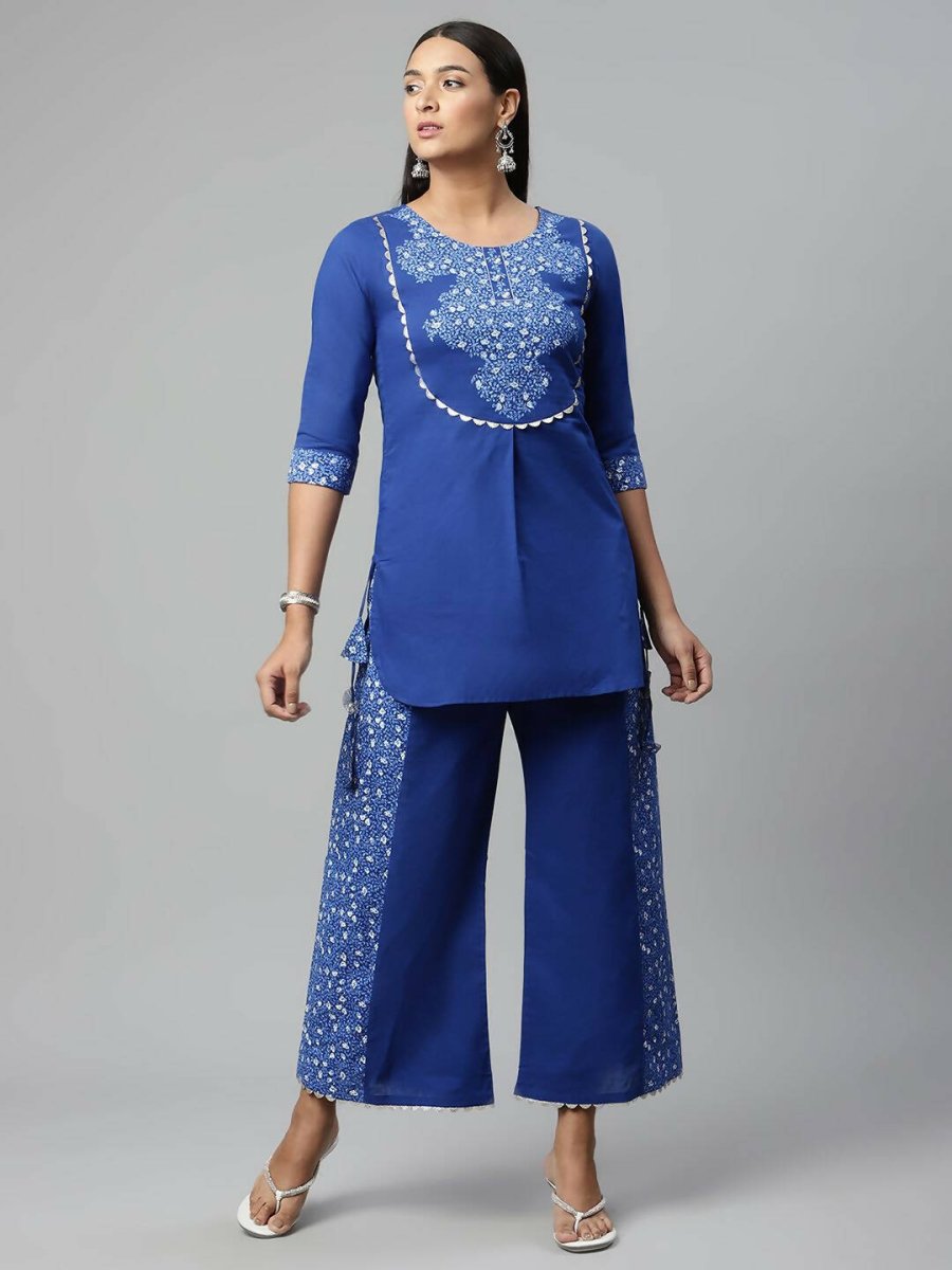 Ahalyaa Womens Royal Blue Pure Cotton Printed Tunic Palazzo Set - Distacart