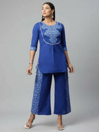 Ahalyaa Womens Royal Blue Pure Cotton Printed Tunic Palazzo Set - Distacart