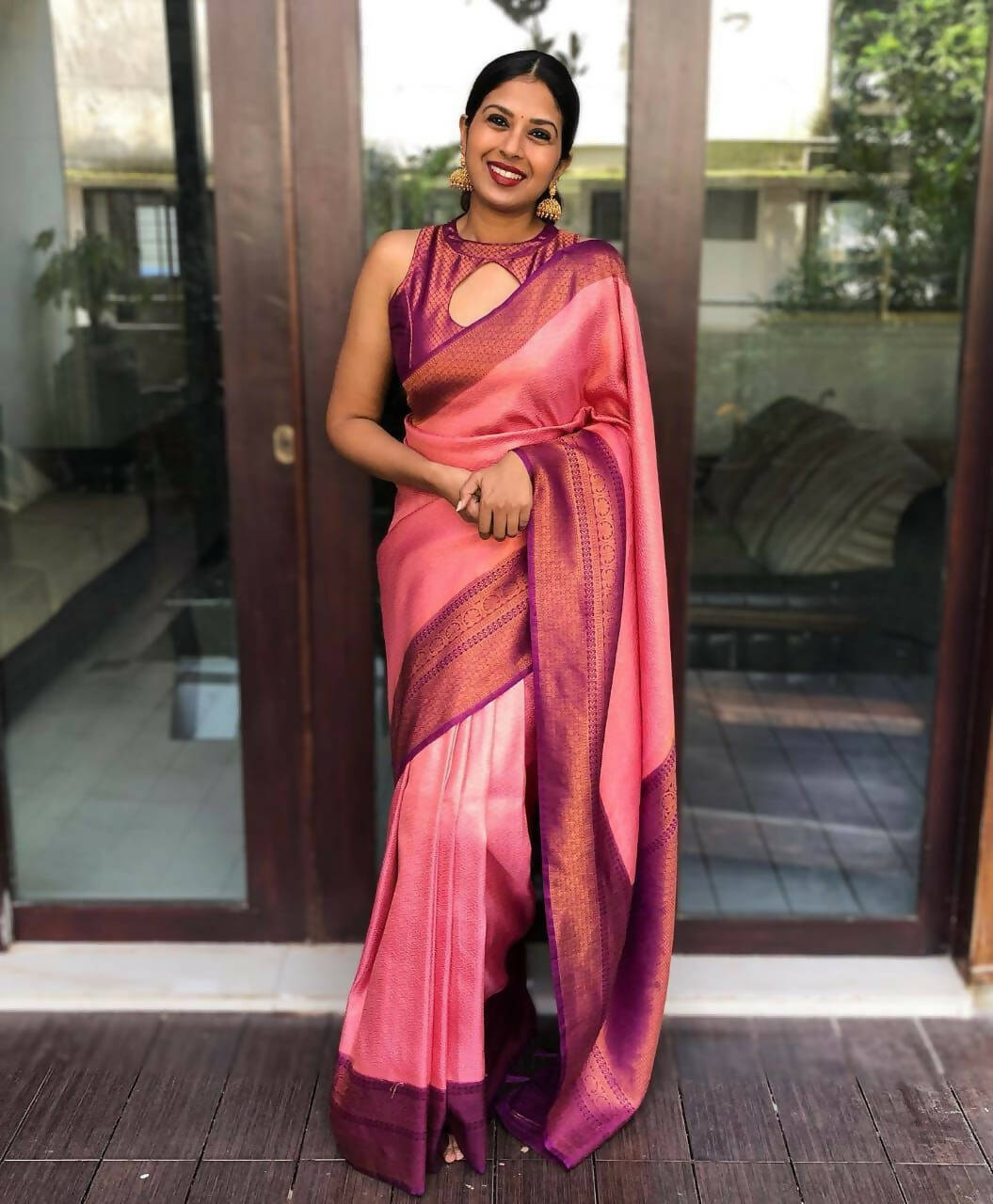 DEIANA'S Beautiful Designer Golden zari Soft Lichi Silk Saree - Pink