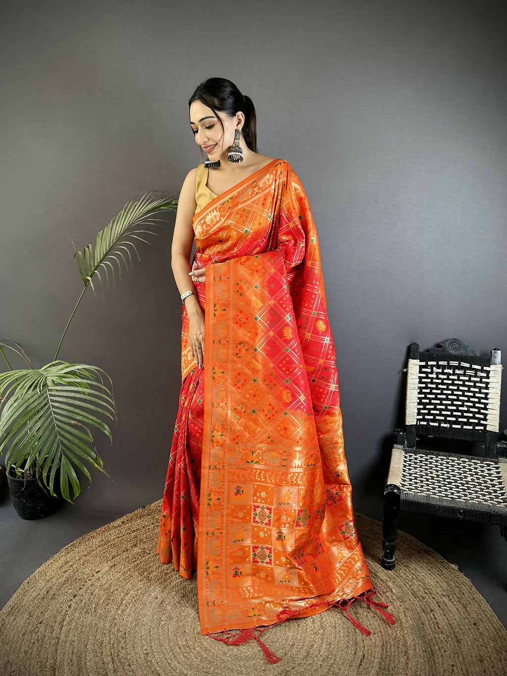 Joban Fashion Orange Geometric Pattern Soft Silk Patola Saree - Distacart