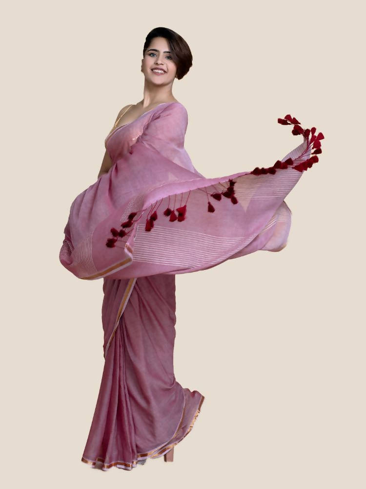 Suta Women Maroon Mul Cotton Saree With Zari Border And Ghicha Pallu - Distacart