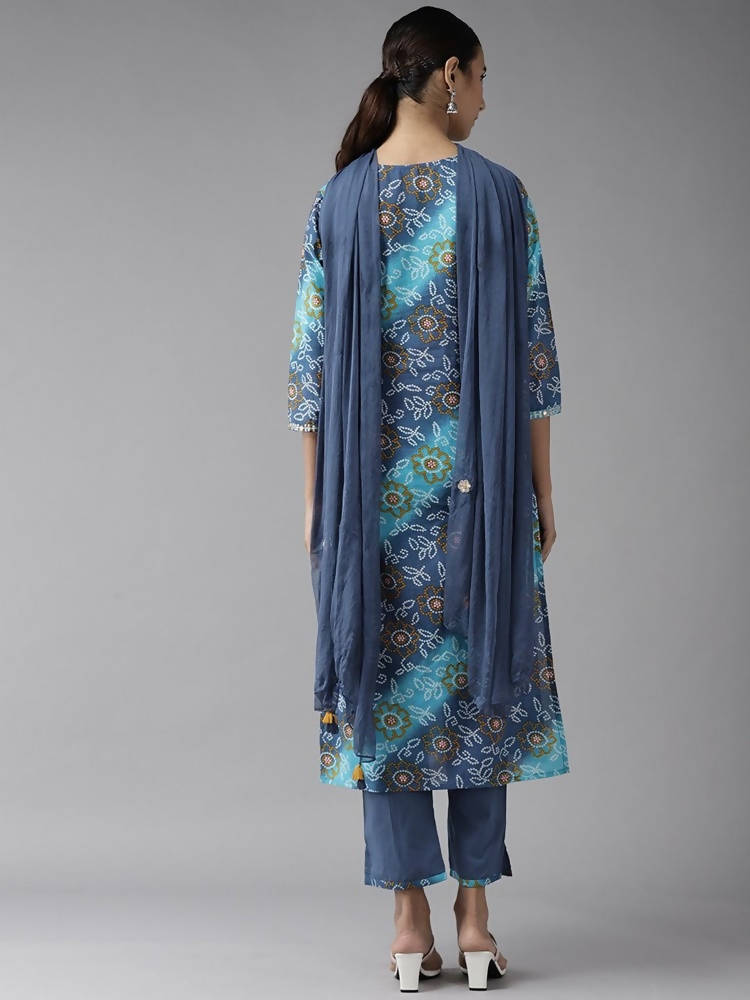 Yufta Women Blue Bandhani Printed Embroidered Detail Cotton Kurta with Trouser & Dupatta