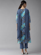 Yufta Women Blue Bandhani Printed Embroidered Detail Cotton Kurta with Trouser & Dupatta