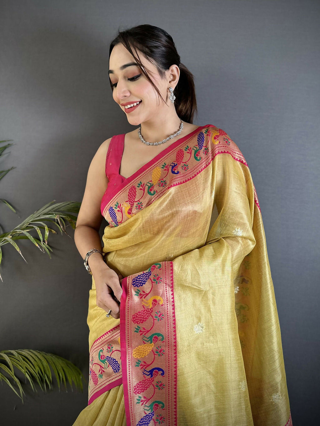 Joban Fashion Golden Yellow Zari Weaving Tissue Paithani Saree