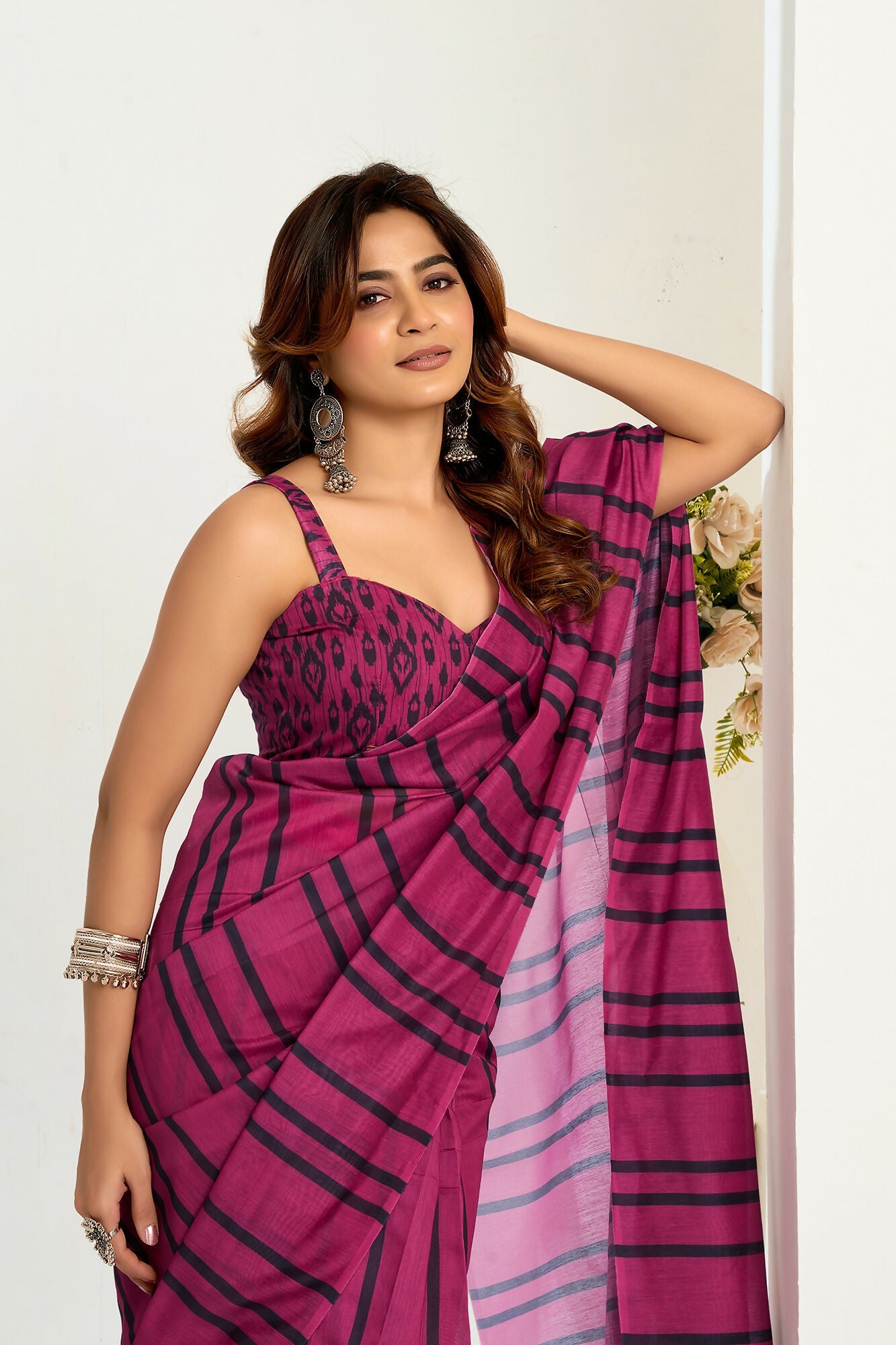 Vastranavya Magenta Digital Printed Linen Ready To Wear Designer Saree with Unstitched Blouse - Distacart
