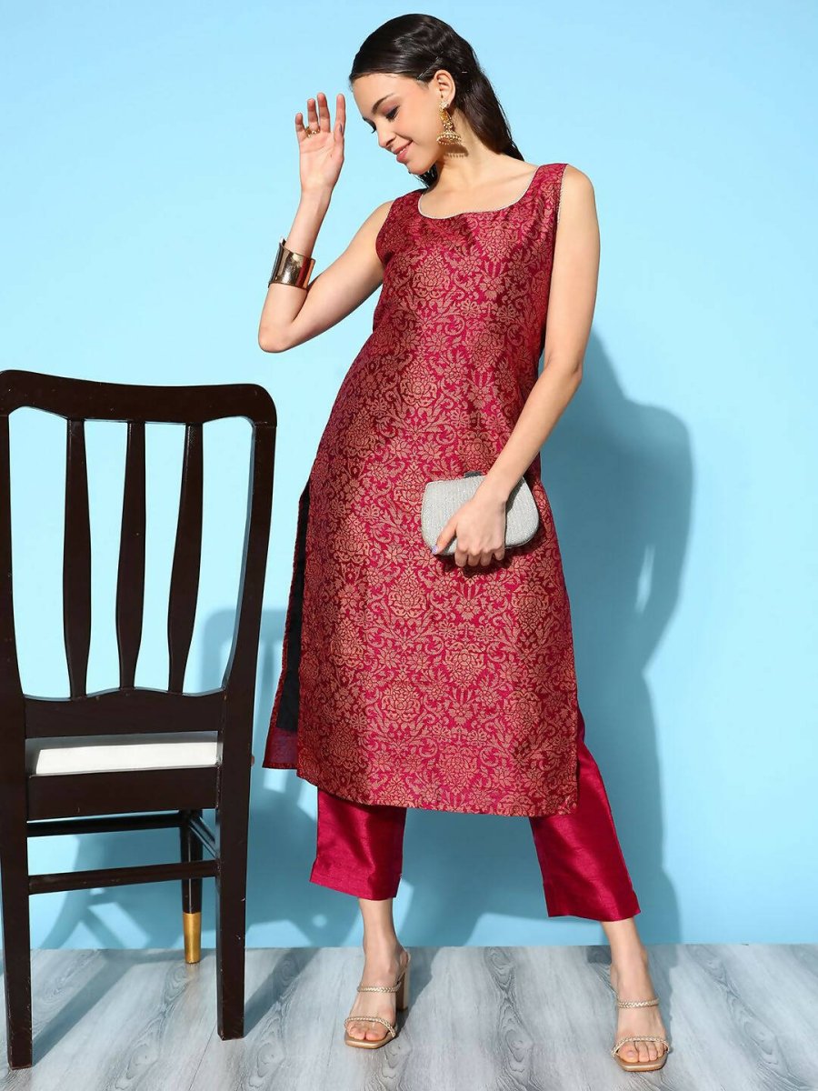Ahalyaa Women's Wine Poly Silk Gold Paste Printed Kurta Pant Set - Distacart