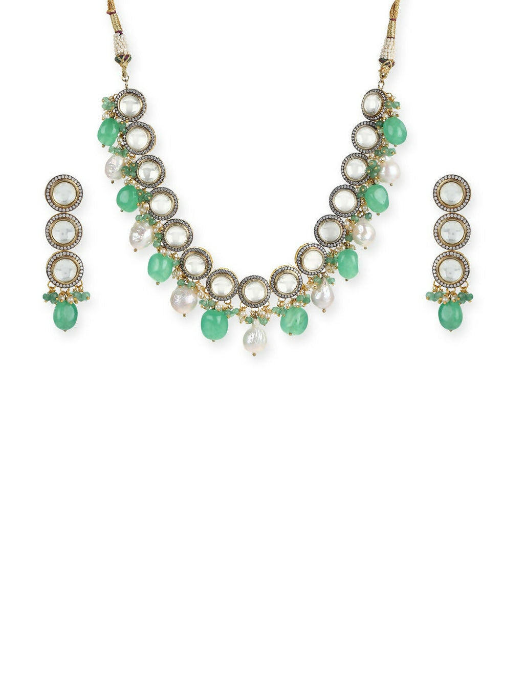Maharani Green Stone & Kundan Neckpiece with Earrings- Ruby Raang