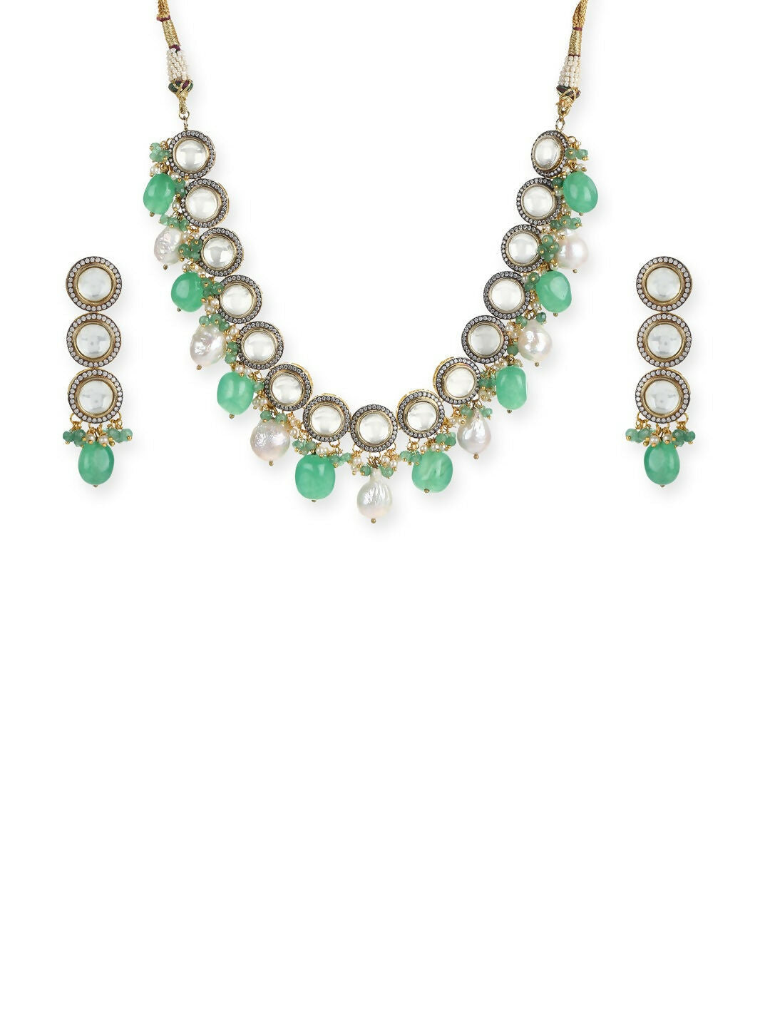 Maharani Green Stone & Kundan Neckpiece with Earrings- Ruby Raang