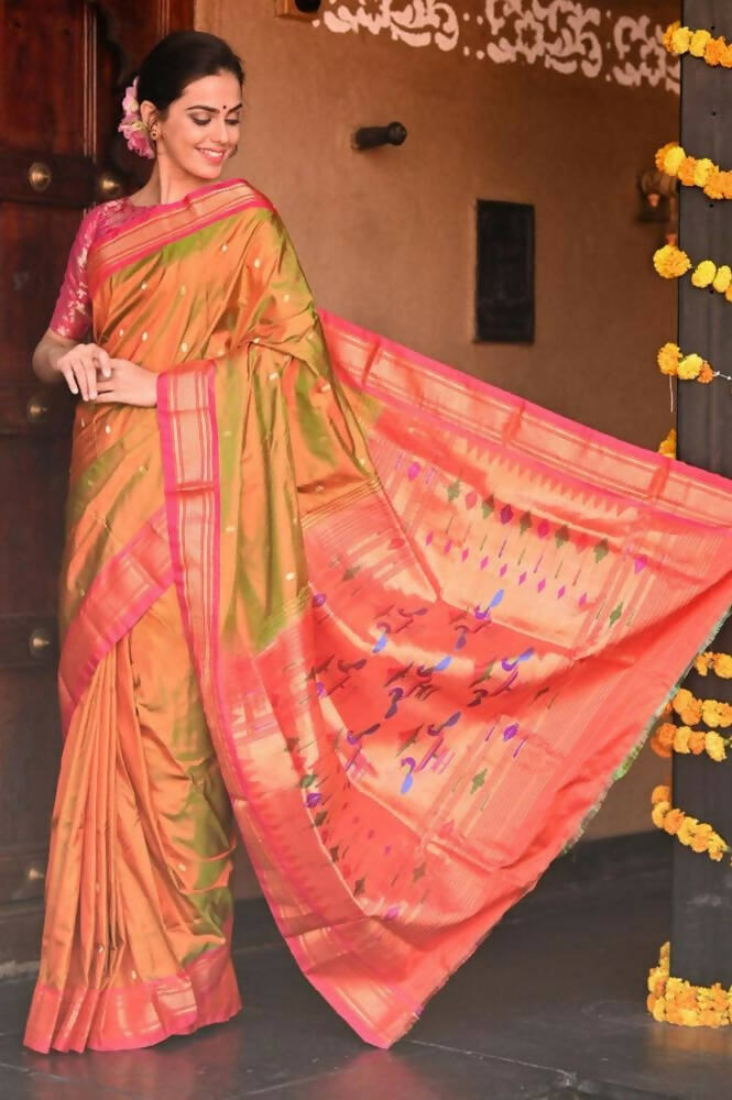 Very Much Indian Handloom Yeola Pure Silk Paithani - Dual Tone Green Pink - Distacart