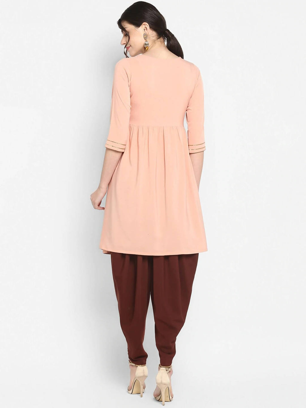 Janasya Peach-Coloured & Maroon Printed Angrakha Gotta Patti Kurta with Dhoti Pants - Distacart