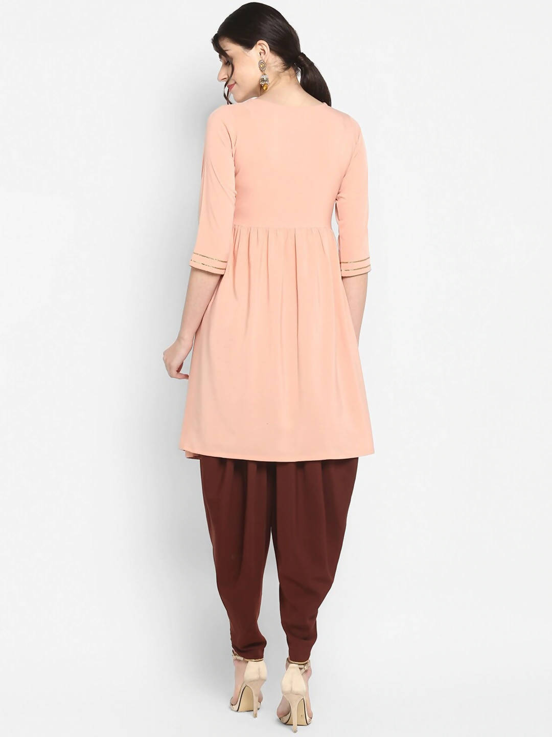Janasya Peach-Coloured & Maroon Printed Angrakha Gotta Patti Kurta with Dhoti Pants - Distacart