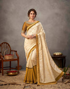 Off-White And Mustard Yellow Tusser Silk Zari And Sequins Embroidery Saree - Norita Arinya