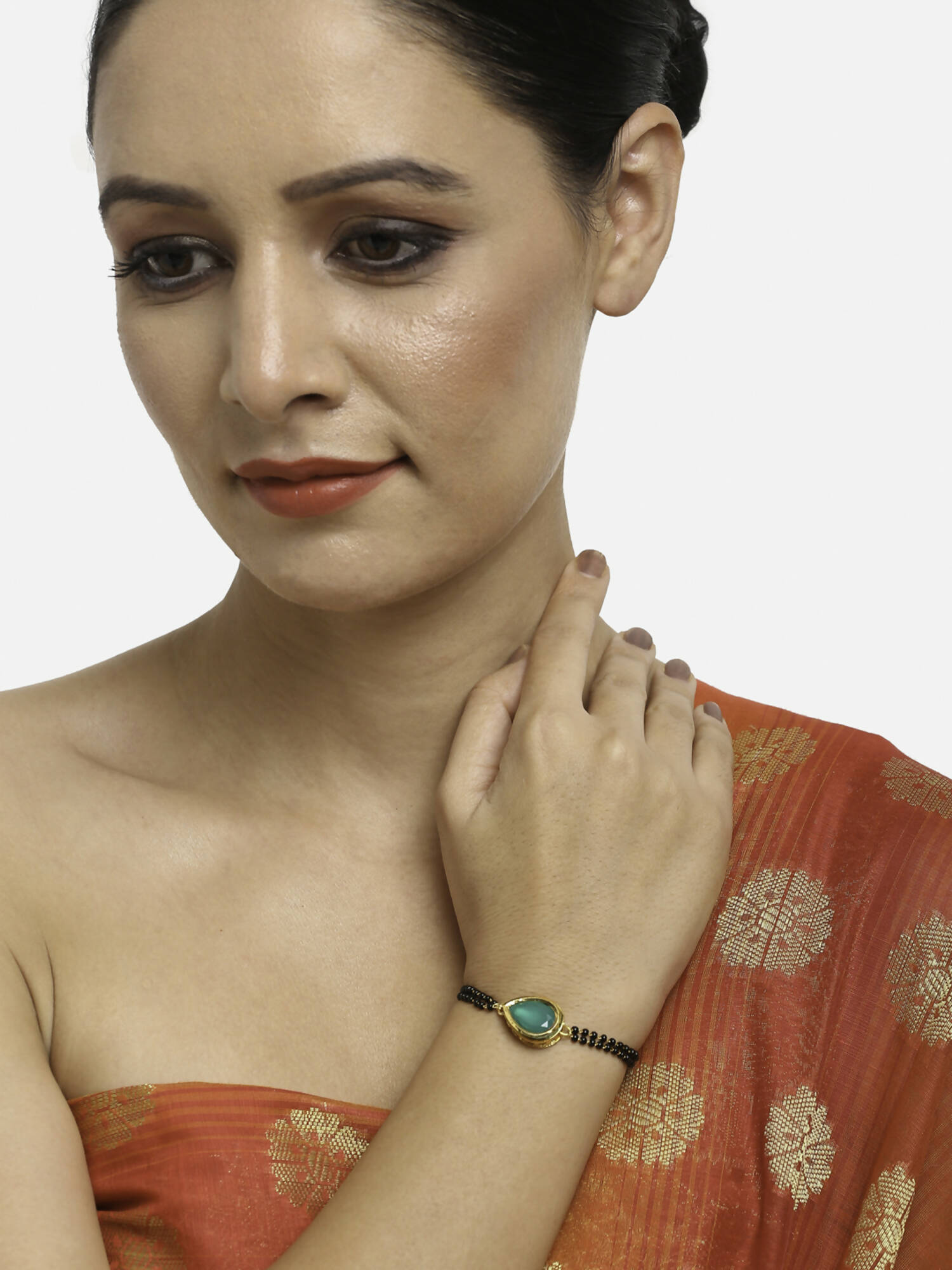 Women's Black Gold-Toned Gold-Plated Kundan Studded Charm Mangalsutra Bracelet - Ruby Raang - Distacart