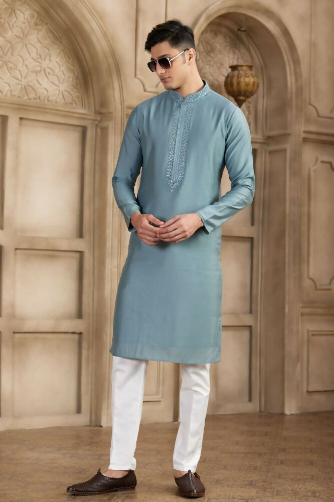 Raivat Ethnic Banarasi Art Silk Mirror Work Kurta Pajama In Grey Colour