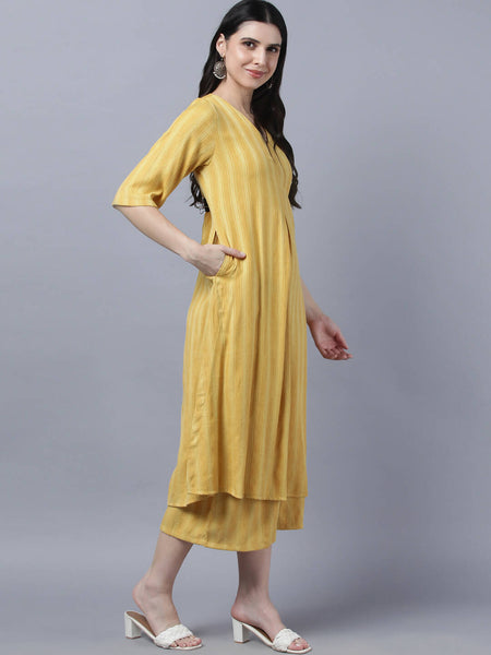 Myshka Stylish Yellow Cotton 3/4 Sleeve Women's Kurta Palazzo Set