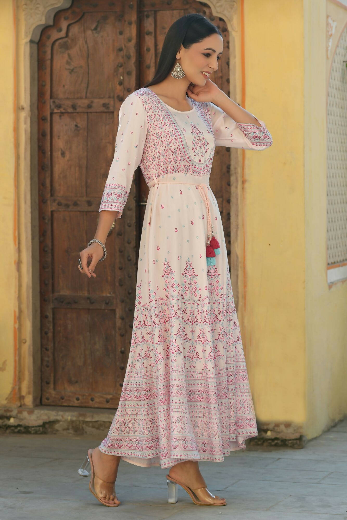 Juniper Women's Pink Viscose Shantoon Festive Printed Flared Dress - Distacart