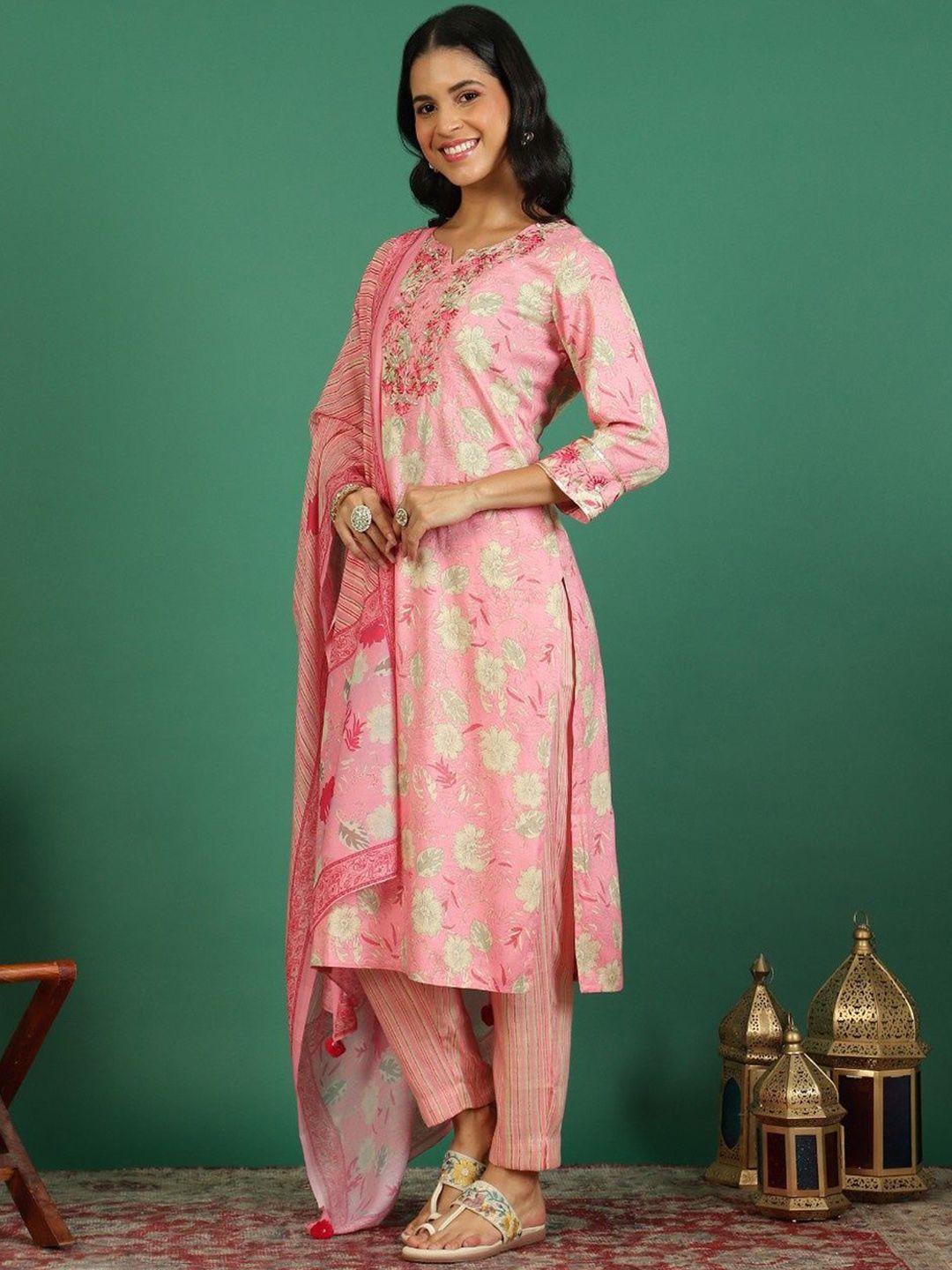 Sangria Floral Printed & Embroidered Kurta & Trouser With Dupatta
