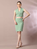 Myshka Women's Sea Green Solid Shawl Neck Party Top With Skirt Co-ord set