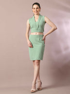 Myshka Women's Sea Green Solid Shawl Neck Party Top With Skirt Co-ord set