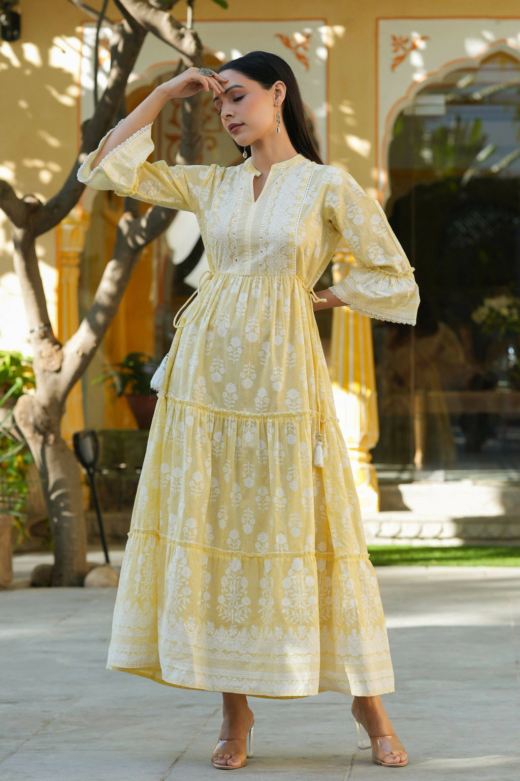 Juniper Women's Lemon Yellow Printed Teired Dress - Distacart