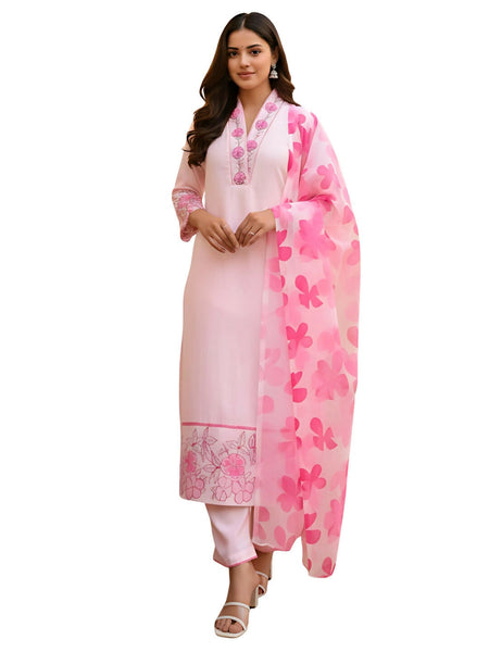 The52 Women's Beautiful Chanderi Fabric Printed Work Straight Kurta Pant and Dupatta Set