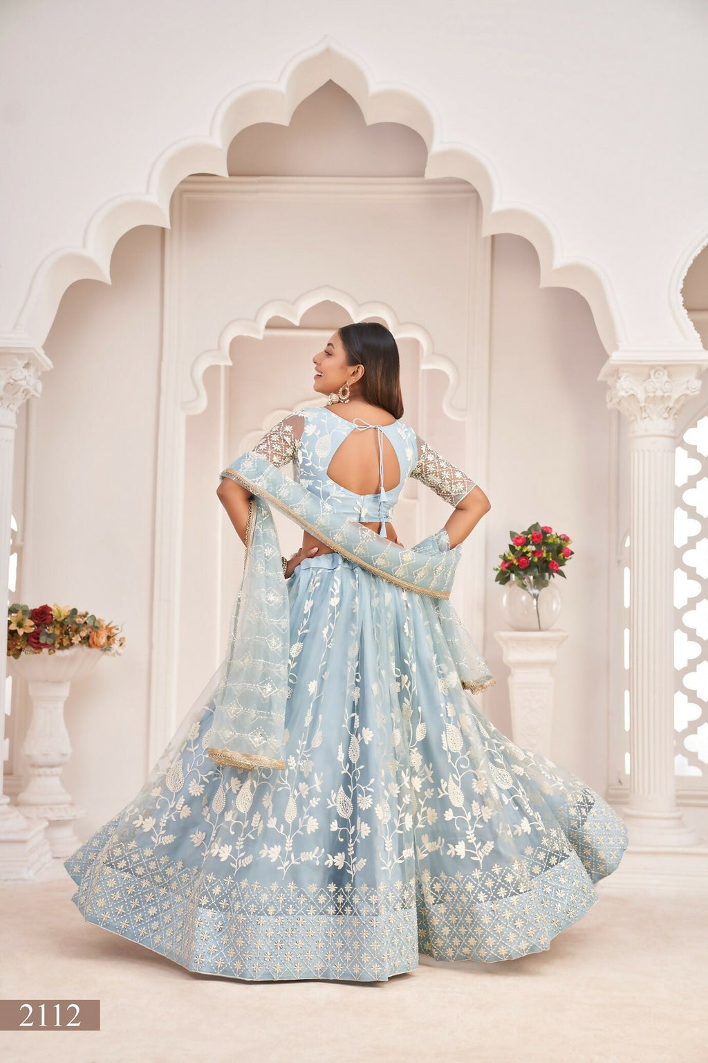Eilara Women'S Sky Blue Butterfly Net Embroidered Thread Work Festivals Lehenga Choli