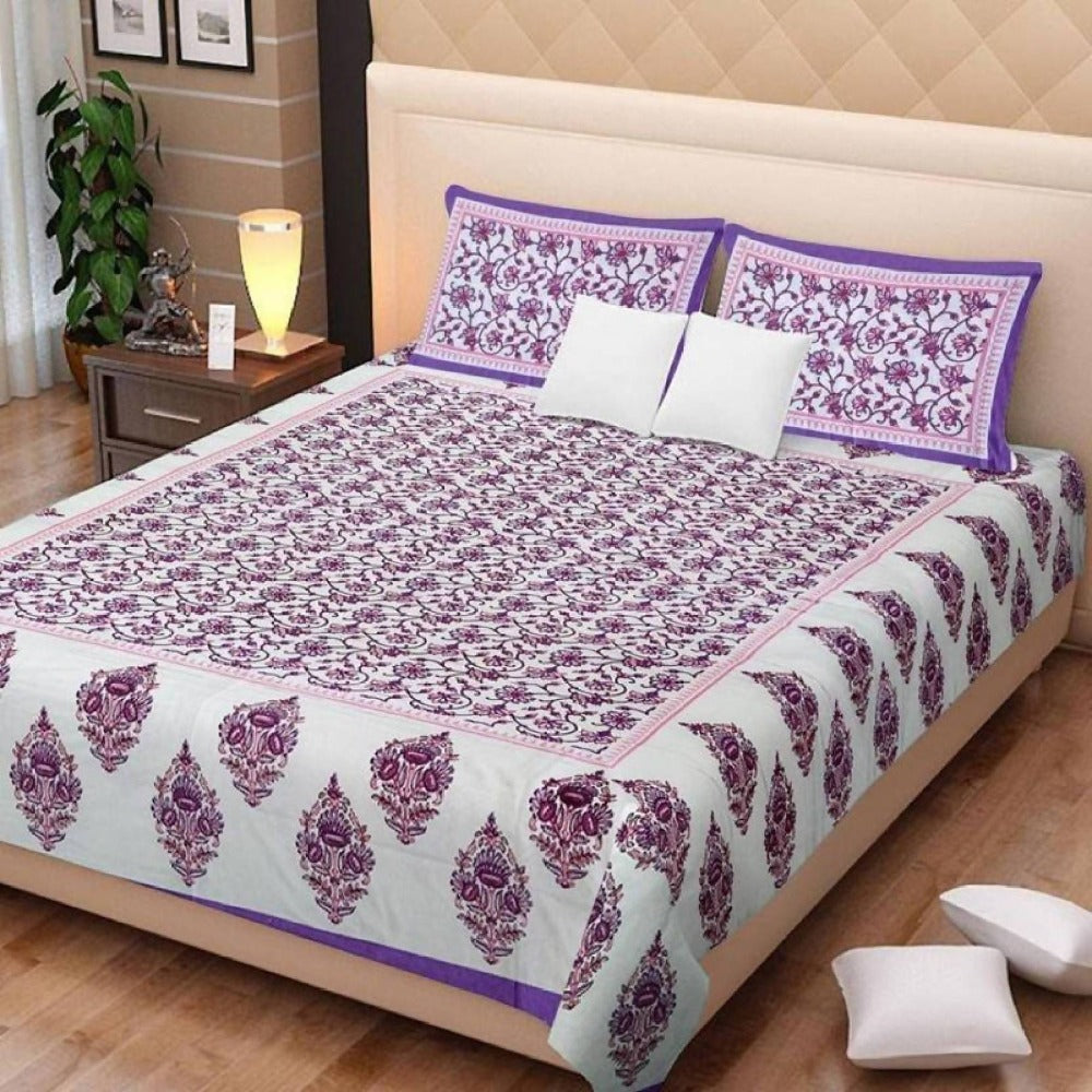 Vamika Printed Cotton White & Purple Bedsheet With Pillow Covers (LEOC_GMLA_PR)