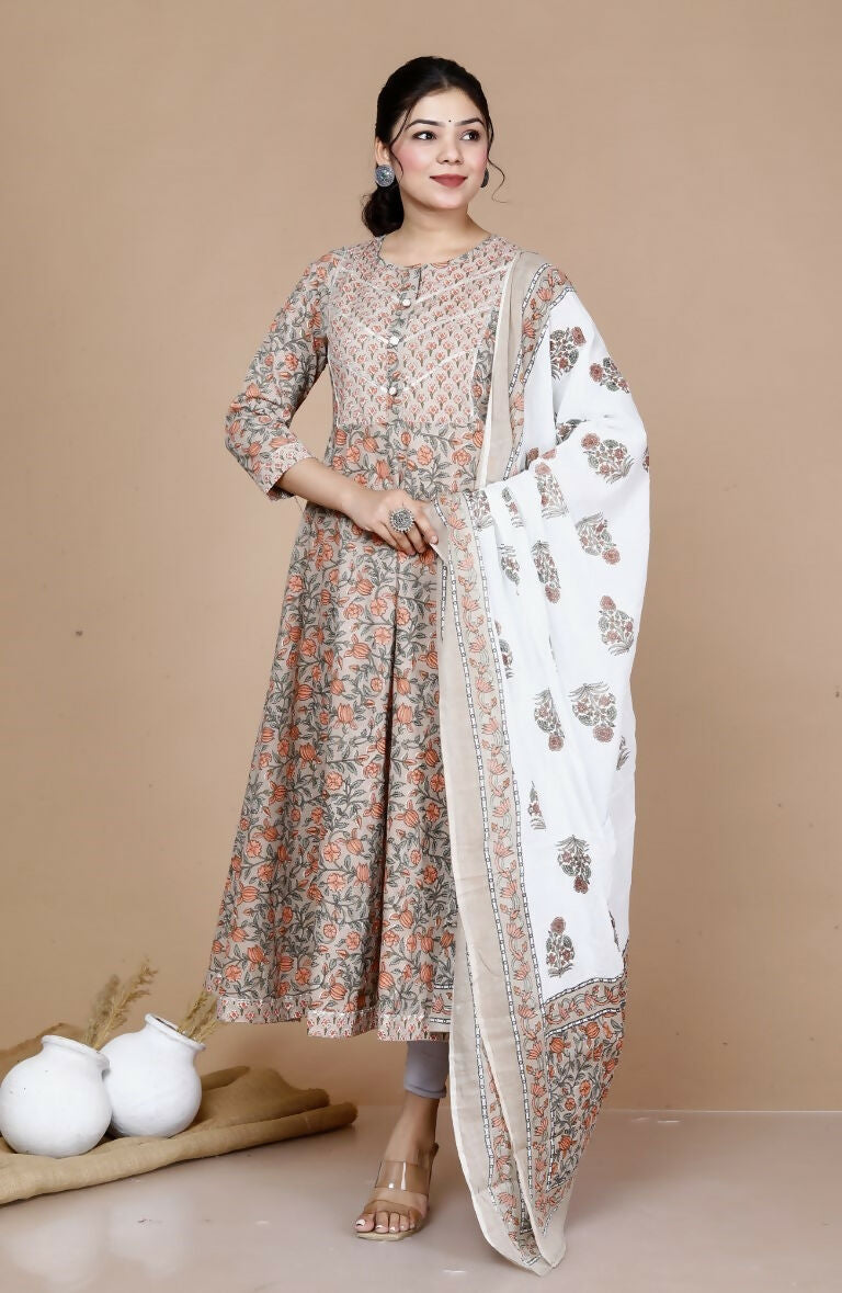 Miravan Women's Partywear Brown Floral Printed Gota Work Long Anarkali With Dupatta Set