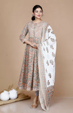 Miravan Women's Partywear Brown Floral Printed Gota Work Long Anarkali With Dupatta Set