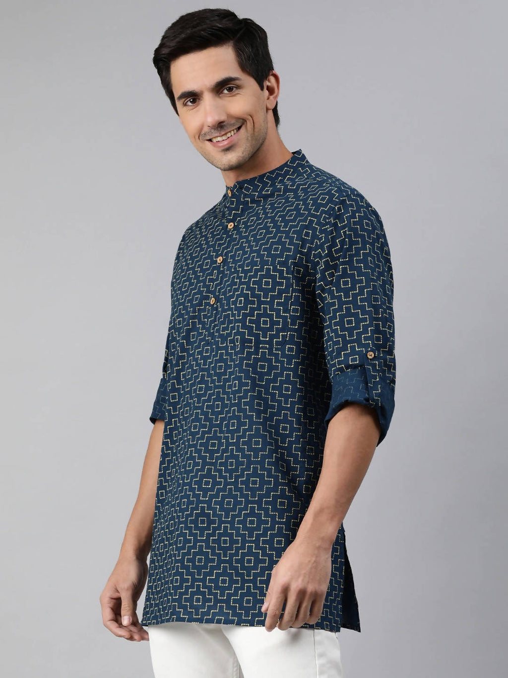 Janasya Men Navy Blue & Yellow Geometric Printed Kurta - Distacart