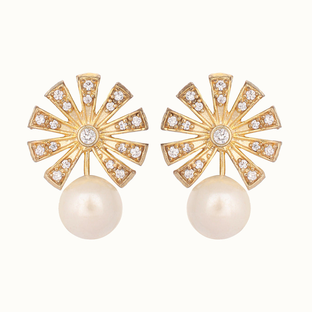 Nuyug 22K Gold-Plated Pearl Drop Zircon Floral Shaped Mini Stud Earrings - Distacart