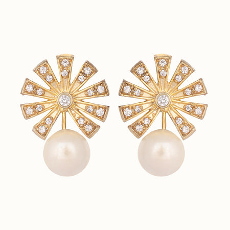 Nuyug 22K Gold-Plated Pearl Drop Zircon Floral Shaped Mini Stud Earrings