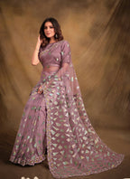 Light Purple Velvet Texture Net Designer Saree with Unstitched Blouse - Norita Mahitha - Distacart