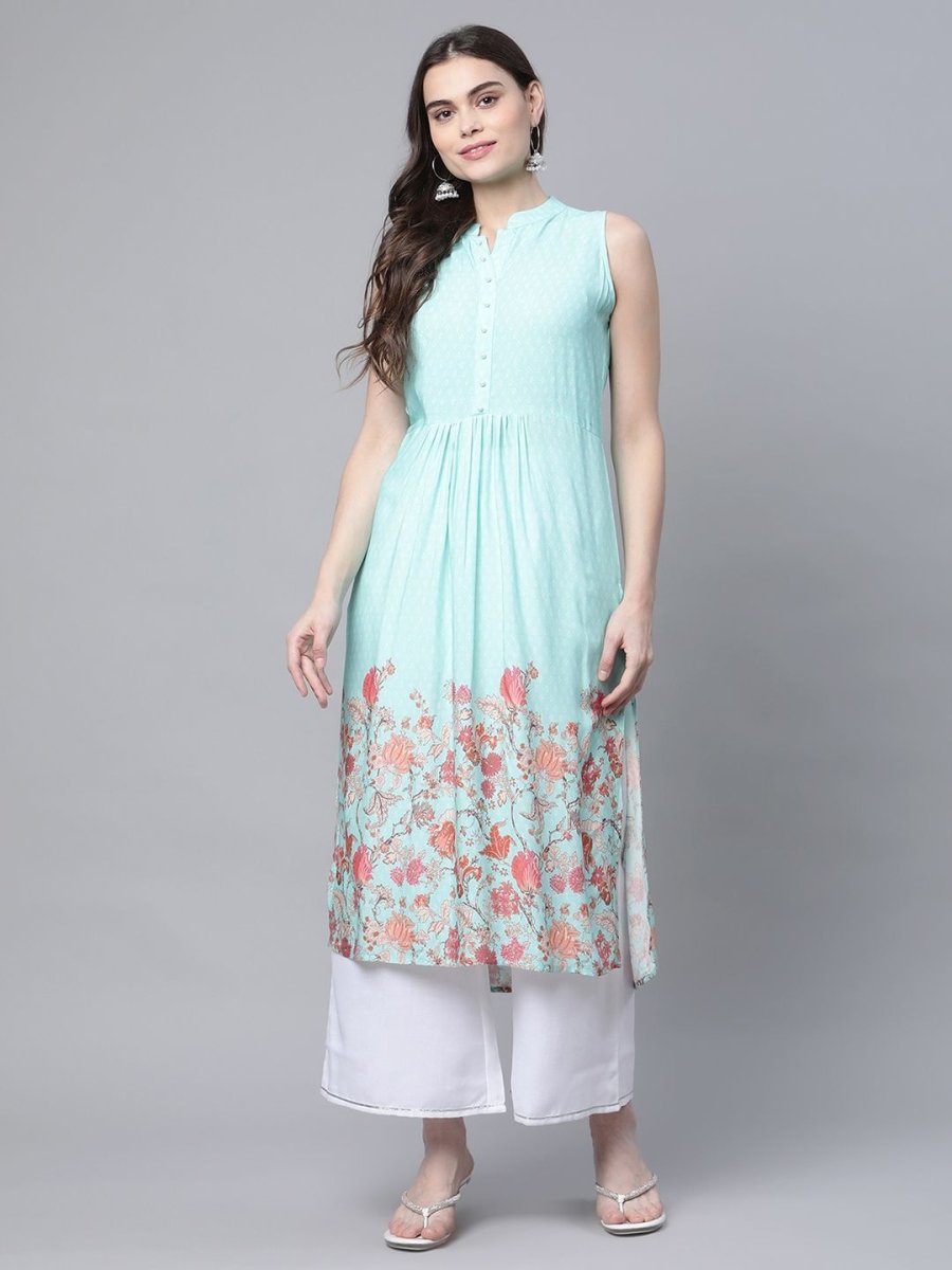 Ahalyaa Women's Sky Blue Rayon Printed Kurta Palazzo Set