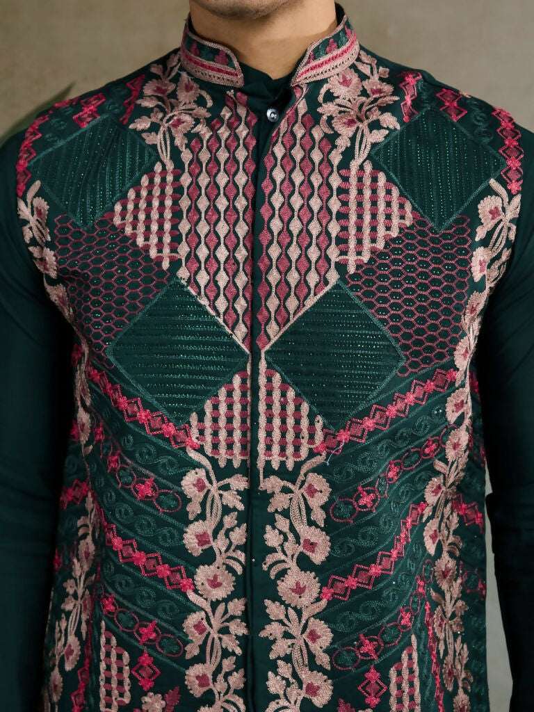 Vastranavya Green Exclusive Festival Viscose Silk Thread & Swarovski Embroidered Work Mens Wear Kurta & Koti