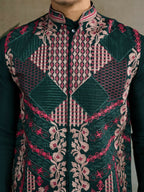 Vastranavya Green Exclusive Festival Viscose Silk Thread & Swarovski Embroidered Work Mens Wear Kurta & Koti