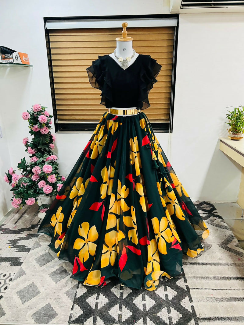 Dishitha Creation Floral Printed Stitched Lehenga & Crop Top - Black & Black