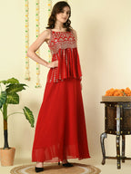 Myshka Women's Red Georgette Top With Skirt Party Sets
