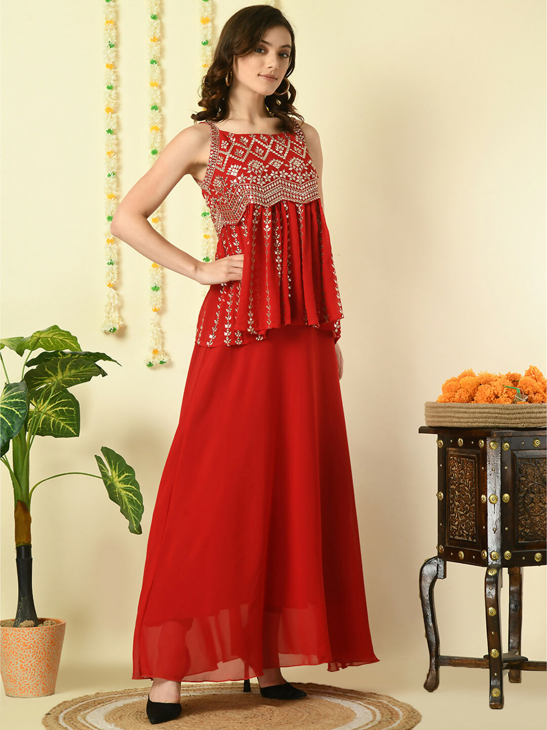 Myshka Women's Red Georgette Top With Skirt Party Sets