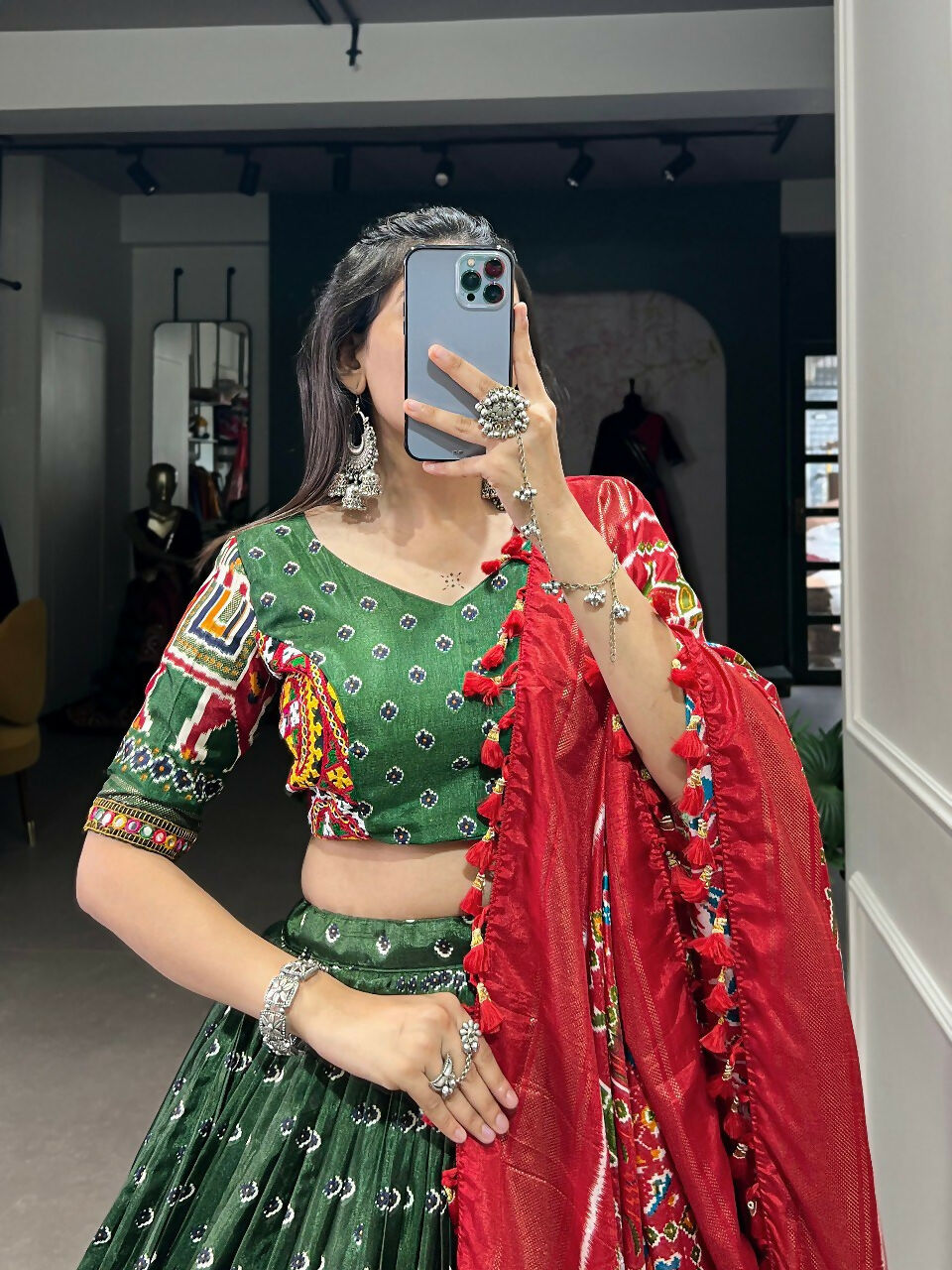 Vastranavya Navaratri Special Dola Silk Patola Print With Gamthi Work Lace Border Lehenga with Stitched Blouse - Green