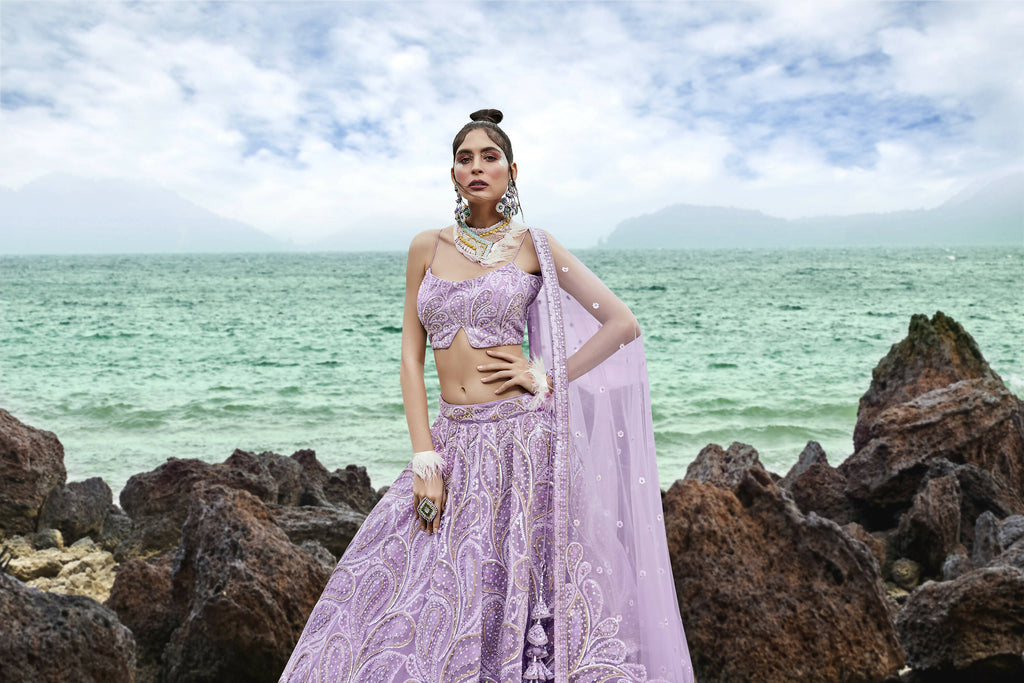 House of Panchhi Mauve Net Multi Sequins with heavy Zarkan embroidery Lehenga choli & Dupatta