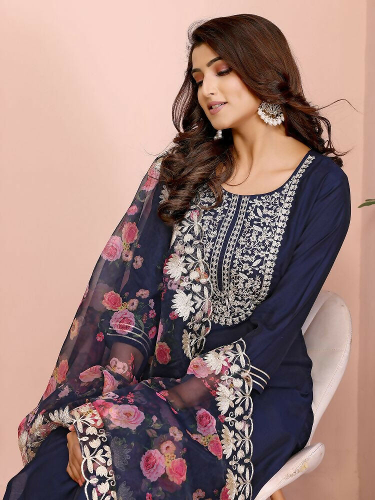 Joban Fashion Women Navy Blue Roman Embroidery Stitched Kurta Set - Distacart