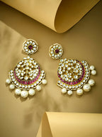 Nuyug 22K Gold-Plated Elegant Ruby & Kundan Stone Studded With Pearl Beaded Floral Chandbalis - Distacart