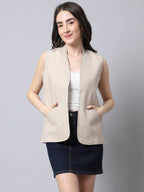 Even Apparels Cream Linen Cotton Open Front Women's Waistcoat