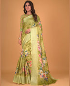 Green Cotton Silk Floral Printed Saree With Unstitched Blouse Piece - Akshita