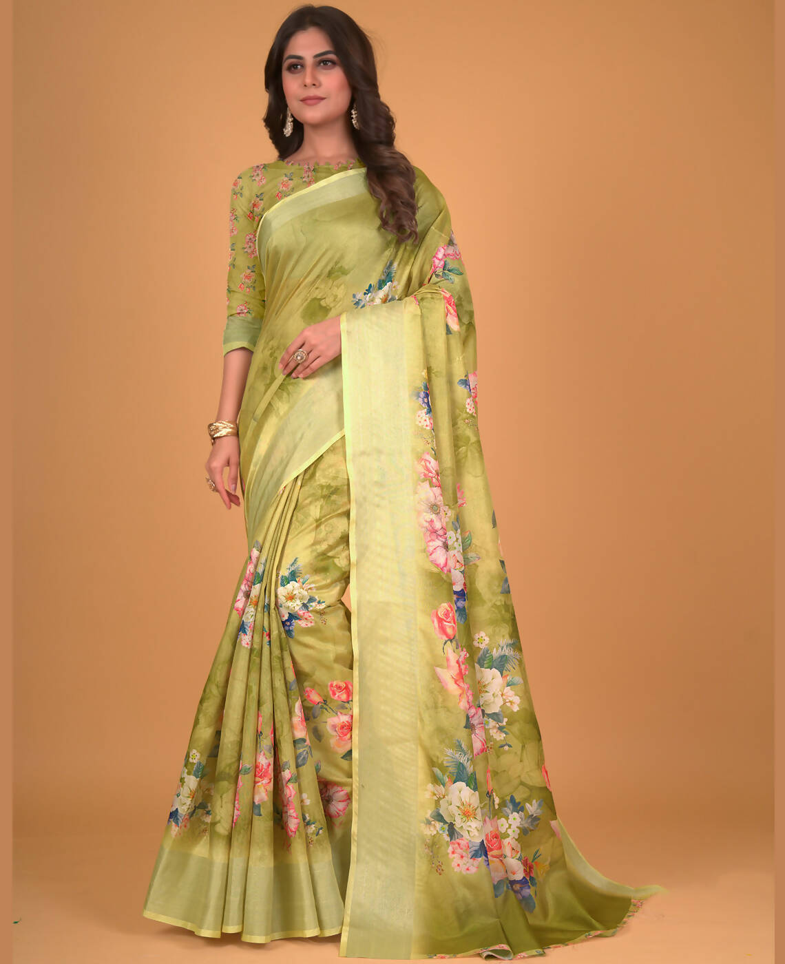 Green Cotton Silk Floral Printed Saree With Unstitched Blouse Piece - Akshita