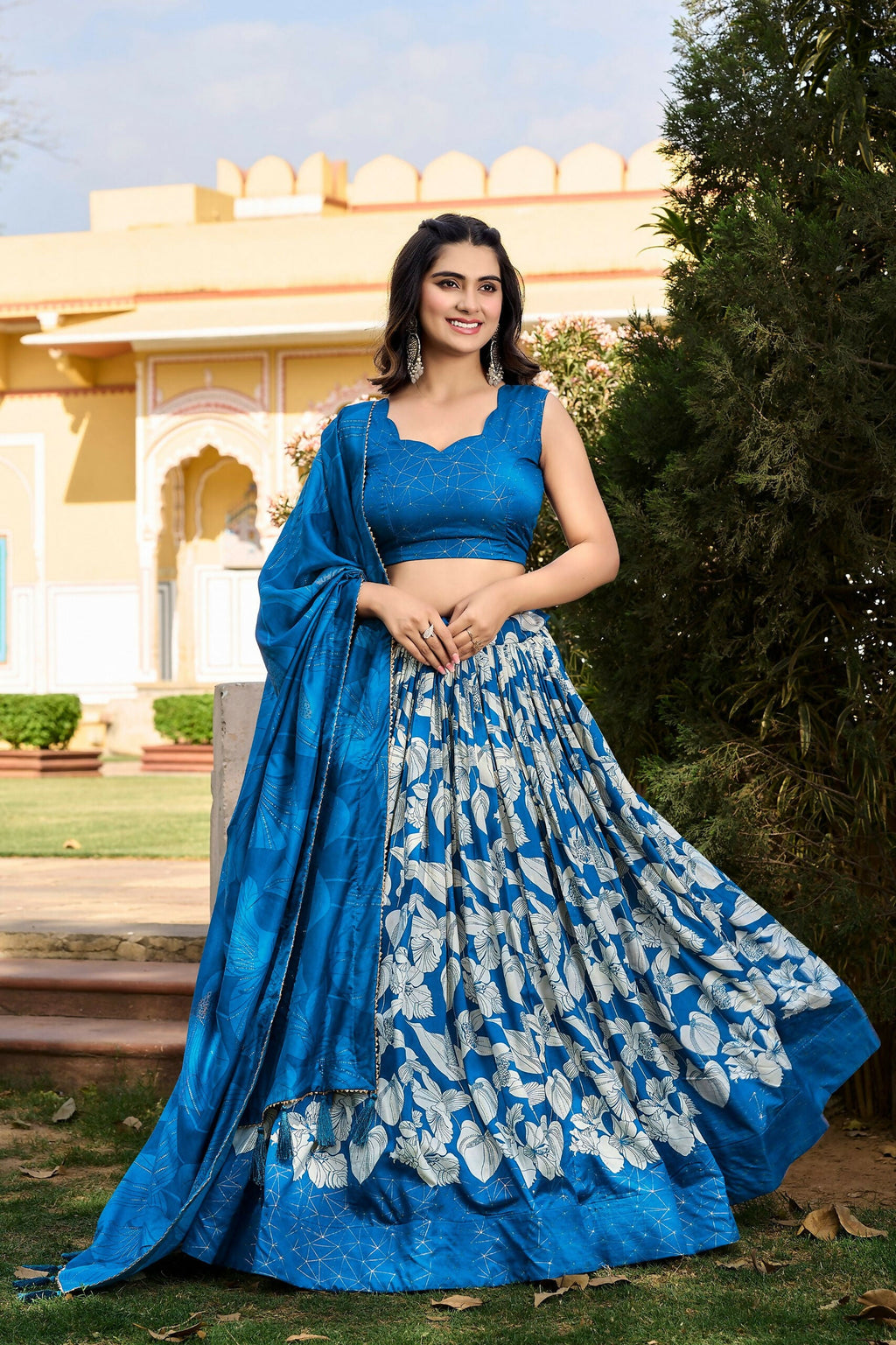Vastranavya Ethnic Look Tussar Silk Floral Printed With Foil Work Indian Lehenga Choli - Royal Blue