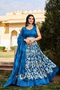 Vastranavya Ethnic Look Tussar Silk Floral Printed With Foil Work Indian Lehenga Choli - Royal Blue