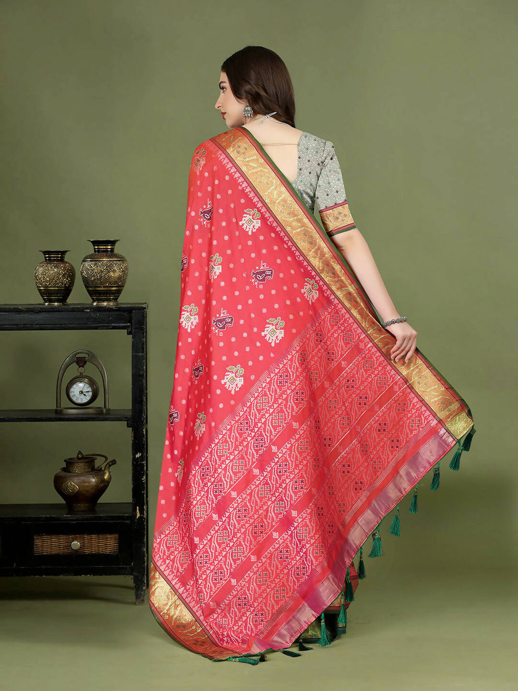 Lorenvalley Fashion Peach Patola Silk Woven Design Zari Meenakari Weaving Saree