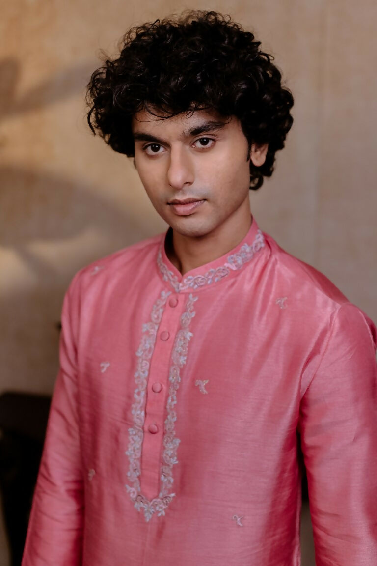 Falling Raw Silk Pink Prism Motif Kurta Set By Hilo Design